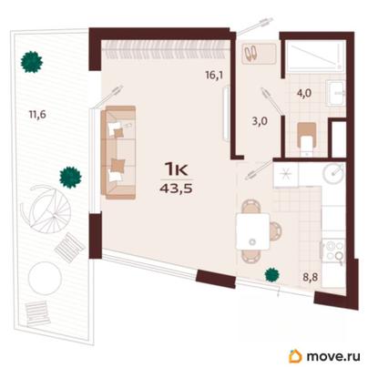 студия, 43.5 м&sup2;