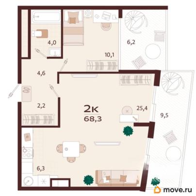 2-комн. квартира, 68.3 м&sup2;