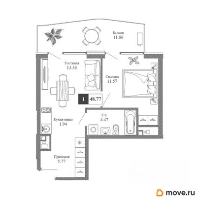 2-комн. апартаменты, 48.77 м&sup2;