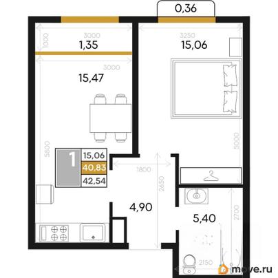 1-комн. квартира, 42.54 м&sup2;
