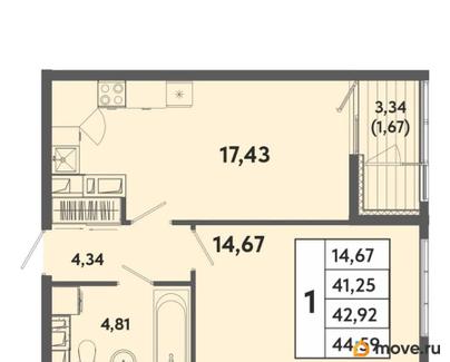 1-комн. квартира, 42.92 м&sup2;