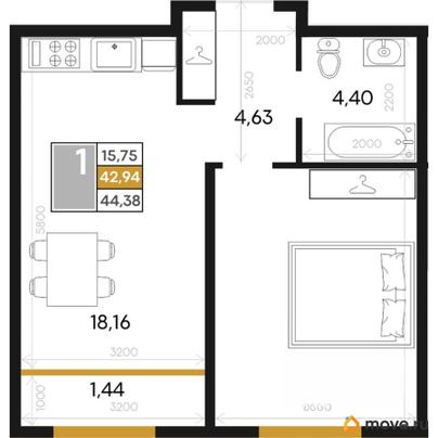 1-комн. квартира, 44.38 м&sup2;