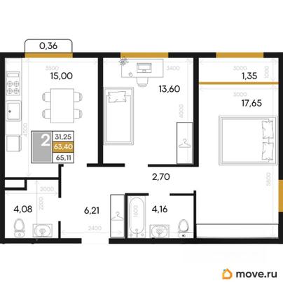2-комн. квартира, 65.11 м&sup2;