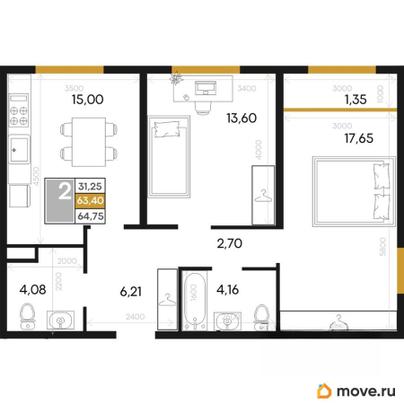2-комн. квартира, 64.75 м&sup2;