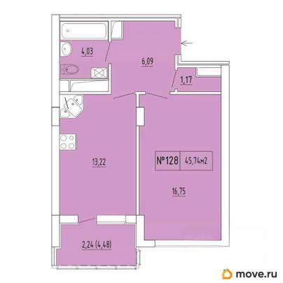 1-комн. квартира, 43.5 м&sup2;