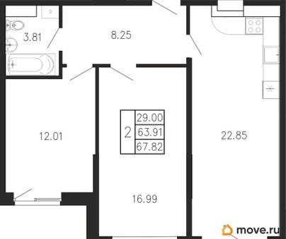 2-комн. квартира, 67.82 м&sup2;