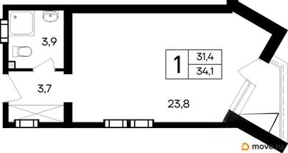 1-комн. апартаменты, 34.1 м&sup2;