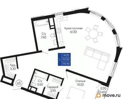1-комн. квартира, 95.9 м&sup2;