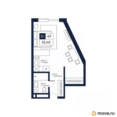 1-комн. апартаменты, 32.4 м&sup2;