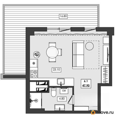 1-комн. апартаменты, 47.9 м&sup2;