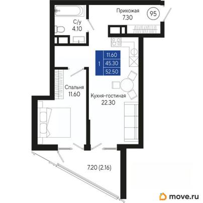 1-комн. квартира, 52.5 м&sup2;