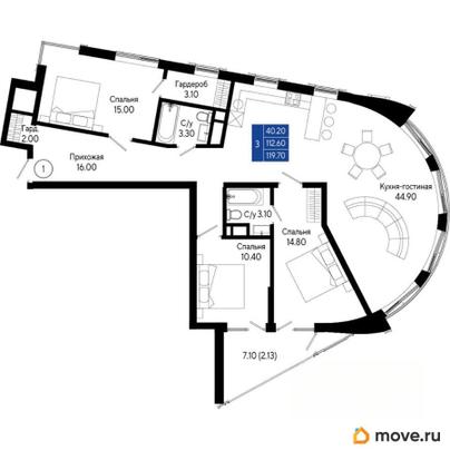 3-комн. квартира, 119.7 м&sup2;
