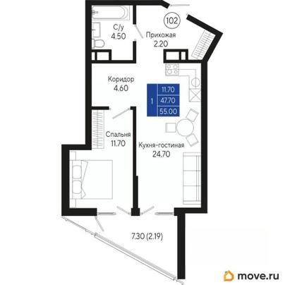 1-комн. квартира, 55 м&sup2;