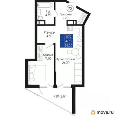 1-комн. квартира, 55 м&sup2;