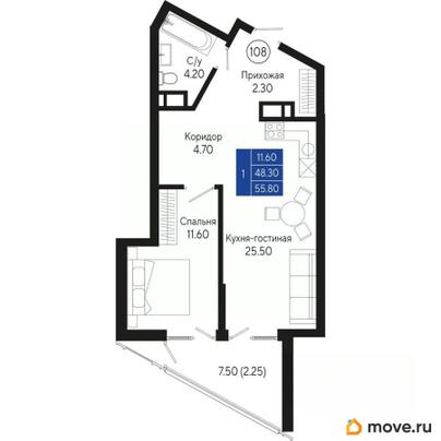 1-комн. квартира, 55.8 м&sup2;