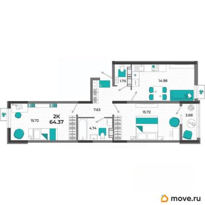 2-комн. квартира, 64.37 м&sup2;