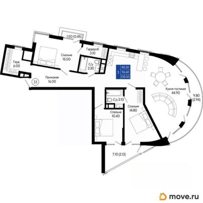 3-комн. квартира, 135 м&sup2;