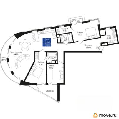3-комн. квартира, 135 м&sup2;