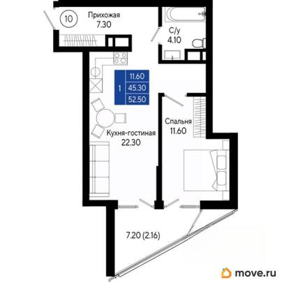 1-комн. квартира, 52.5 м&sup2;