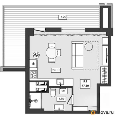 1-комн. апартаменты, 47.3 м&sup2;