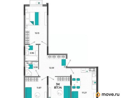 3-комн. квартира, 87.14 м&sup2;