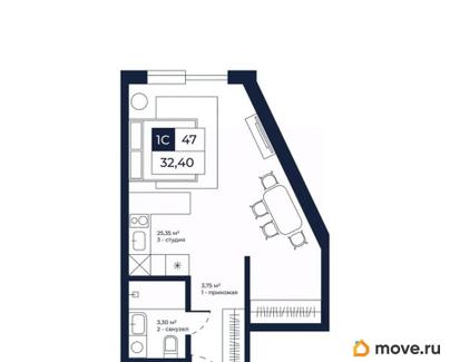 1-комн. апартаменты, 32.4 м&sup2;