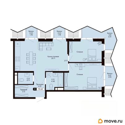2-комн. квартира, 72.62 м&sup2;