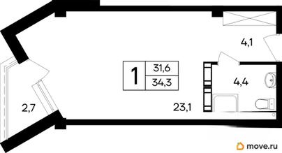 1-комн. апартаменты, 34.3 м&sup2;