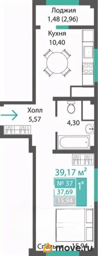 1-комн. квартира, 37.69 м&sup2;