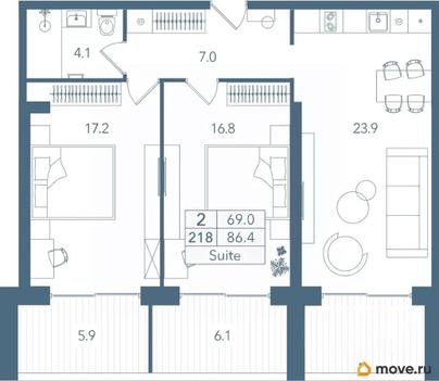 2-комн. апартаменты, 86.4 м&sup2;
