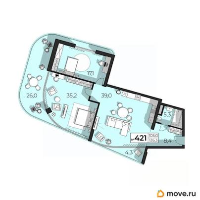 2-комн. апартаменты, 135.3 м&sup2;