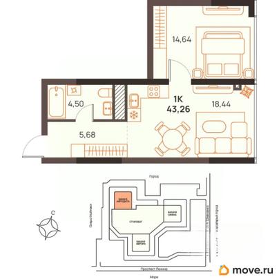 1-комн. квартира, 43.26 м&sup2;
