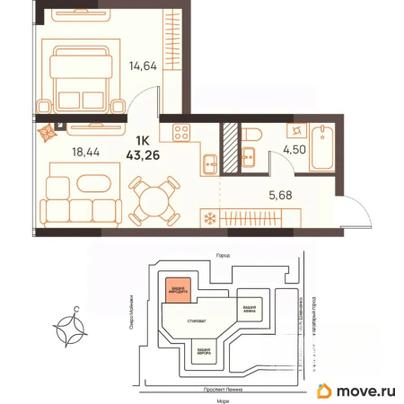 1-комн. квартира, 43.26 м&sup2;
