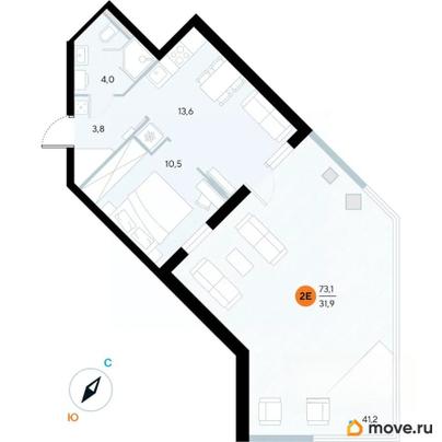 1-комн. апартаменты, 73.1 м&sup2;