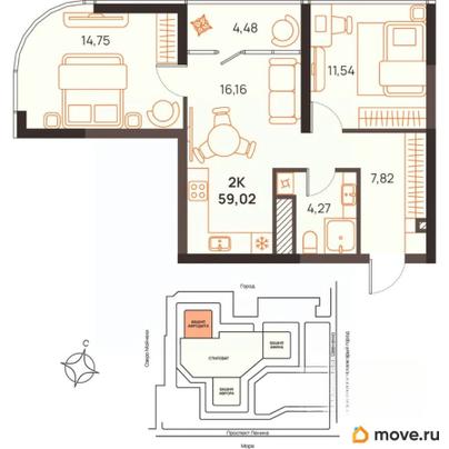 2-комн. квартира, 59.02 м&sup2;