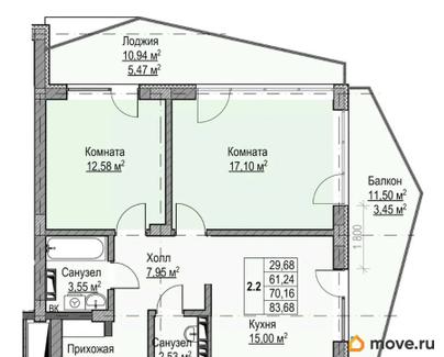 2-комн. квартира, 70.16 м&sup2;