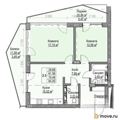 2-комн. квартира, 70.48 м&sup2;