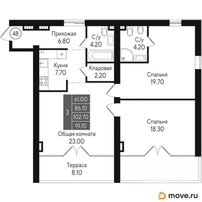 3-комн. квартира, 102.7 м&sup2;