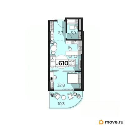 1-комн. апартаменты, 55.3 м&sup2;