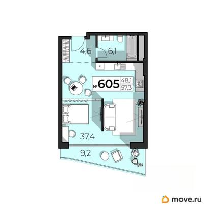 2-комн. апартаменты, 57.3 м&sup2;