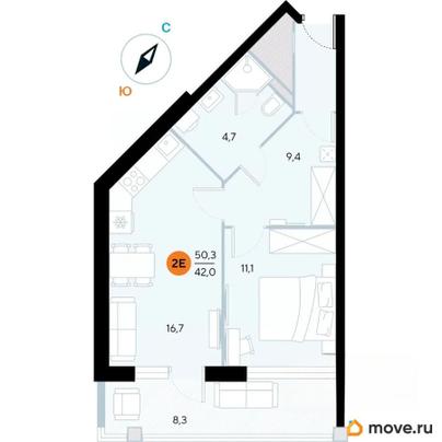 1-комн. апартаменты, 50.3 м&sup2;