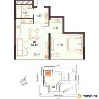 1-комн. квартира, 51.46 м&sup2;