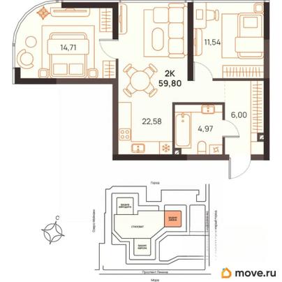 2-комн. квартира, 59.8 м&sup2;