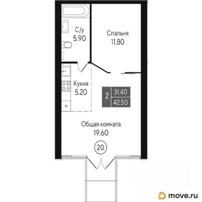 2-комн. квартира, 42.5 м&sup2;