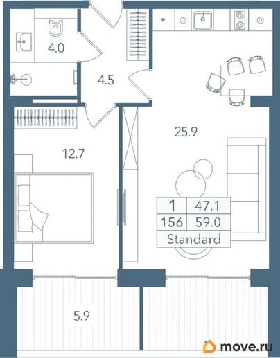1-комн. апартаменты, 59 м&sup2;