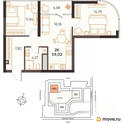 2-комн. квартира, 59.02 м&sup2;