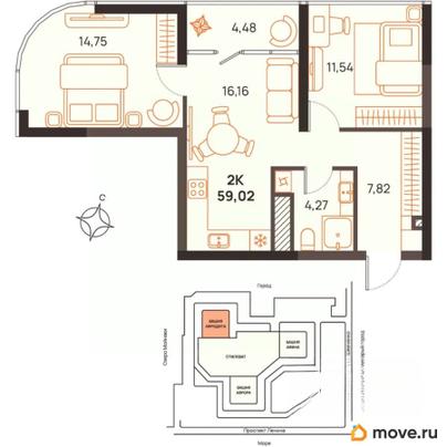 2-комн. квартира, 59.02 м&sup2;