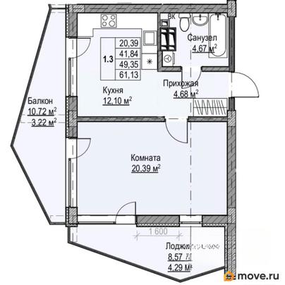 1-комн. квартира, 49.35 м&sup2;