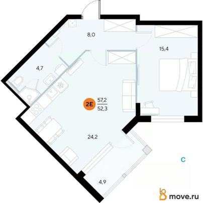 1-комн. апартаменты, 57.2 м&sup2;