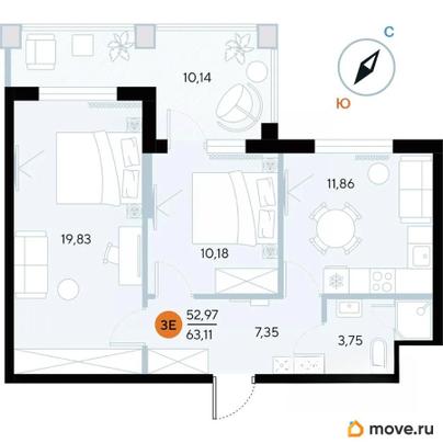 2-комн. апартаменты, 63.1 м&sup2;